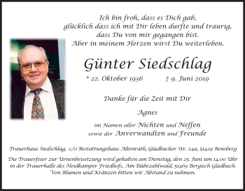 Anzeige von Günter Siedschlag von Kölner Stadt-Anzeiger / Kölnische Rundschau / Express