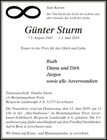 Anzeige von Günter Sturm von  Leverkusener Wochenende 