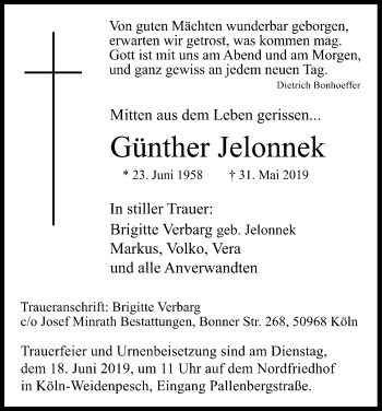 Anzeige von Günther Jelonnek von Kölner Stadt-Anzeiger / Kölnische Rundschau / Express