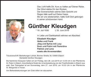 Anzeige von Günther Kleudgen von Kölner Stadt-Anzeiger / Kölnische Rundschau / Express