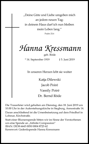 Anzeige von Hanna Kressmann von Kölner Stadt-Anzeiger / Kölnische Rundschau / Express