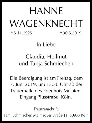 Anzeige von Hanne Wagenknecht von Kölner Stadt-Anzeiger / Kölnische Rundschau / Express