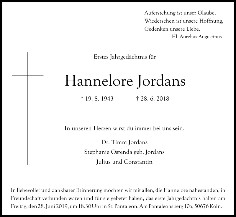  Traueranzeige für Hannelore Jordans vom 22.06.2019 aus Kölner Stadt-Anzeiger / Kölnische Rundschau / Express