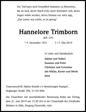 Anzeige von Hannelore Trimborn von Kölner Stadt-Anzeiger / Kölnische Rundschau / Express