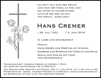 Anzeige von Hans Cremer von Kölner Stadt-Anzeiger / Kölnische Rundschau / Express