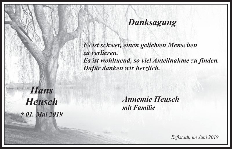  Traueranzeige für Hans Heusch vom 05.06.2019 aus  Werbepost 