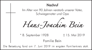Anzeige von Hans-Joachim Bein von  Kölner Wochenspiegel 
