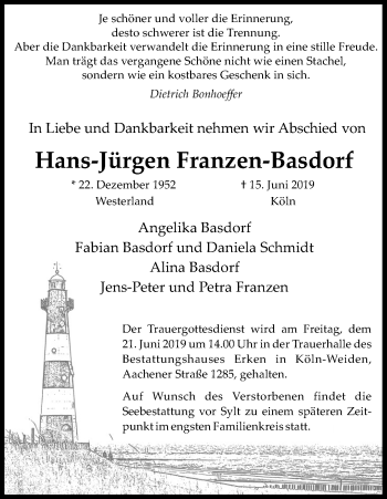 Anzeige von Hans-Jürgen Franzen-Basdorf von Kölner Stadt-Anzeiger / Kölnische Rundschau / Express