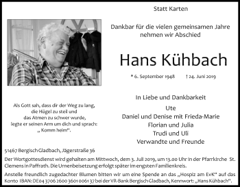 Anzeige von Hans Kühbach von Kölner Stadt-Anzeiger / Kölnische Rundschau / Express