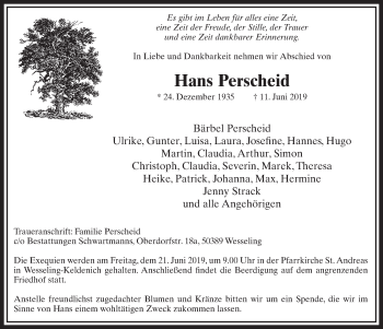 Anzeige von Hans Perscheid von  Kölner Wochenspiegel  Schlossbote/Werbekurier 