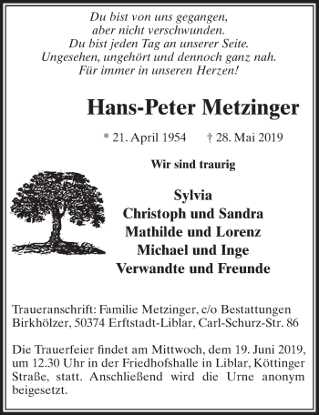 Anzeige von Hans-Peter Metzinger von  Sonntags-Post 