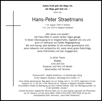 Anzeige von Hans-Peter Straetmans von Kölner Stadt-Anzeiger / Kölnische Rundschau / Express
