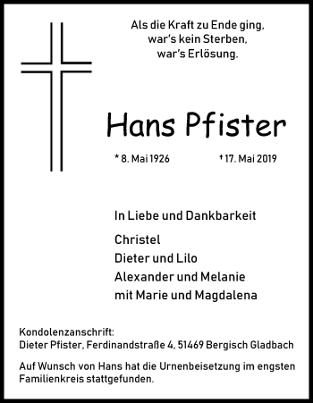 Anzeige von Hans Pfister von Kölner Stadt-Anzeiger / Kölnische Rundschau / Express
