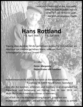 Anzeige von Hans Rottland von Kölner Stadt-Anzeiger / Kölnische Rundschau / Express