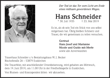Anzeige von Hans Schneider von  Blickpunkt Euskirchen 