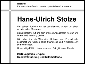 Anzeige von Hans-Ulrich Stolze von Kölner Stadt-Anzeiger / Kölnische Rundschau / Express