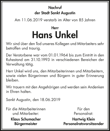Anzeige von Hans Unkel von  Extra Blatt 