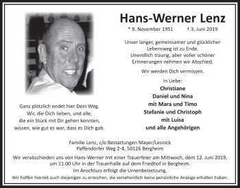 Anzeige von Hans-Werner Lenz von  Sonntags-Post 