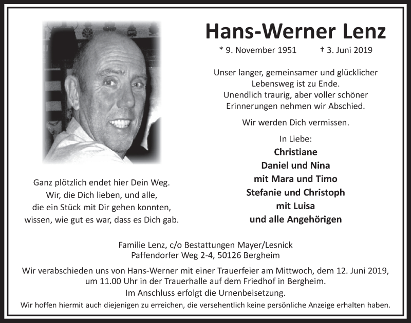  Traueranzeige für Hans-Werner Lenz vom 08.06.2019 aus  Sonntags-Post 