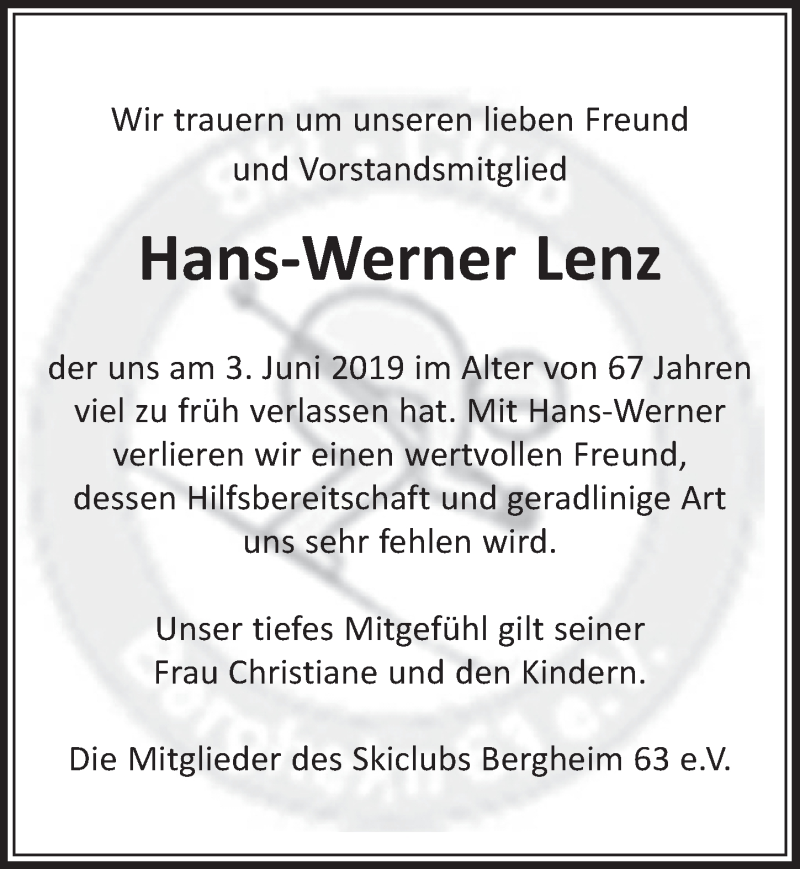  Traueranzeige für Hans-Werner Lenz vom 08.06.2019 aus  Sonntags-Post 