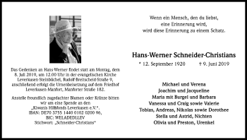 Anzeige von Hans-Werner Schneider-Christians von Kölner Stadt-Anzeiger / Kölnische Rundschau / Express