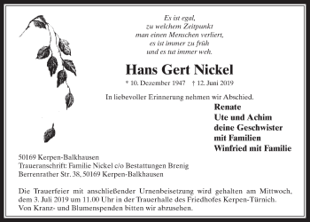 Anzeige von Hans Gert Nickel von  Werbepost 