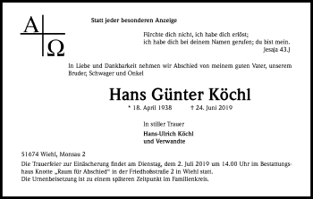 Anzeige von Hans Günter Köchl von Kölner Stadt-Anzeiger / Kölnische Rundschau / Express