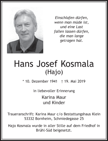 Anzeige von Hans Josef Kosmala von  Schlossbote/Werbekurier 