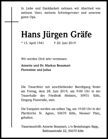 Anzeige von Hans Jürgen Gräfe von Kölner Stadt-Anzeiger / Kölnische Rundschau / Express