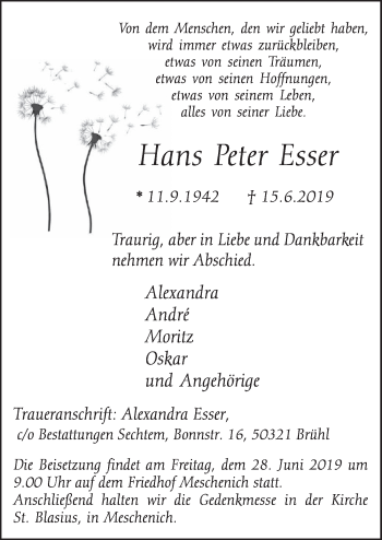 Anzeige von Hans Peter Esser von  Kölner Wochenspiegel 