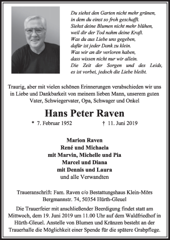 Anzeige von Hans Peter Raven von  Sonntags-Post 