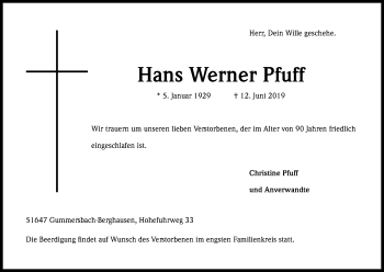 Anzeige von Hans Werner Pfuff von Kölner Stadt-Anzeiger / Kölnische Rundschau / Express
