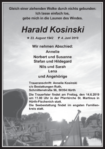 Anzeige von Harald Kosinski von  Wochenende 