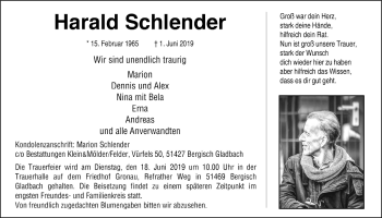 Anzeige von Harald Schlender von  Bergisches Handelsblatt 