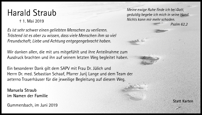  Traueranzeige für Harald Straub vom 22.06.2019 aus Kölner Stadt-Anzeiger / Kölnische Rundschau / Express