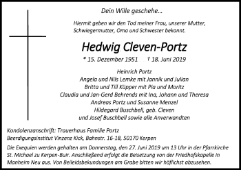 Anzeige von Hedwig Cleven-Portz von Kölner Stadt-Anzeiger / Kölnische Rundschau / Express
