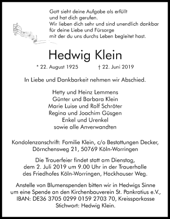 Anzeige von Hedwig Klein von Kölner Stadt-Anzeiger / Kölnische Rundschau / Express