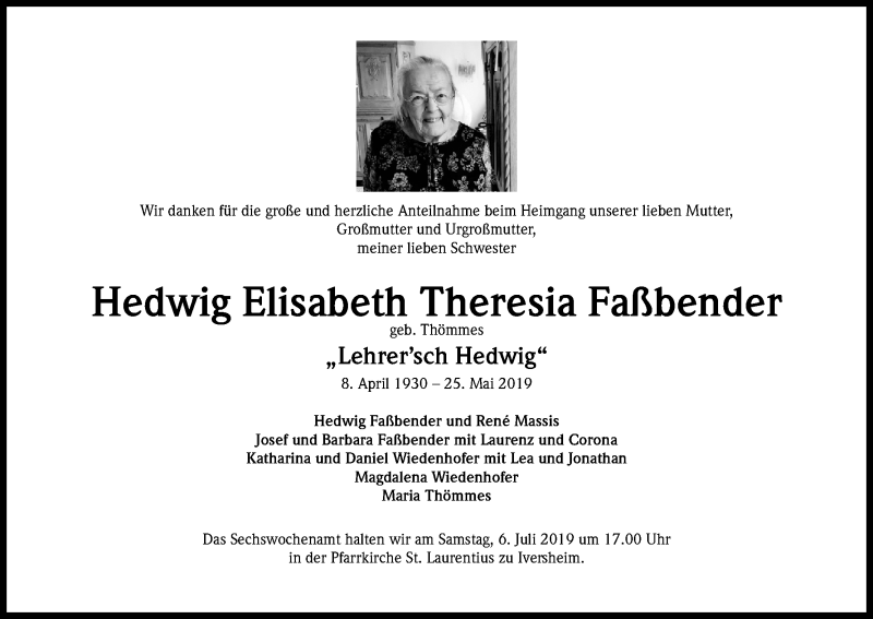  Traueranzeige für Hedwig Elisabeth Theresia Faßbender vom 15.06.2019 aus Kölner Stadt-Anzeiger / Kölnische Rundschau / Express