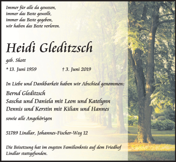 Anzeige von Heidi Gleditzsch von Kölner Stadt-Anzeiger / Kölnische Rundschau / Express