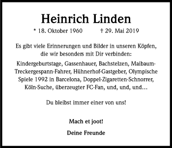 Anzeige von Heinrich Linden von Kölner Stadt-Anzeiger / Kölnische Rundschau / Express