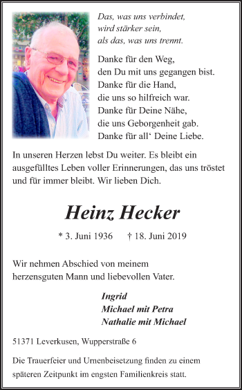 Anzeige von Heinz Hecker von Kölner Stadt-Anzeiger / Kölnische Rundschau / Express