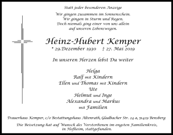Anzeige von Heinz-Hubert Kemper von Kölner Stadt-Anzeiger / Kölnische Rundschau / Express