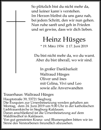 Anzeige von Heinz Hüsges von Kölner Stadt-Anzeiger / Kölnische Rundschau / Express