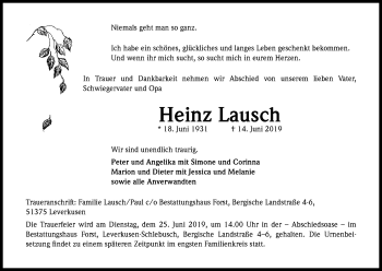Anzeige von Heinz Lausch von Kölner Stadt-Anzeiger / Kölnische Rundschau / Express