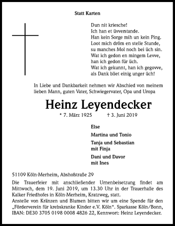Anzeige von Heinz Leyendecker von Kölner Stadt-Anzeiger / Kölnische Rundschau / Express