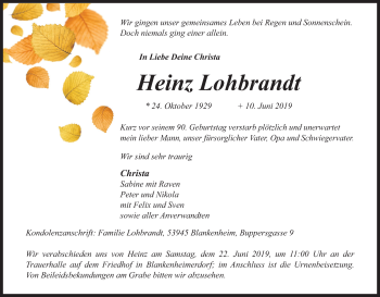 Anzeige von Heinz Lohbrandt von Kölner Stadt-Anzeiger / Kölnische Rundschau / Express