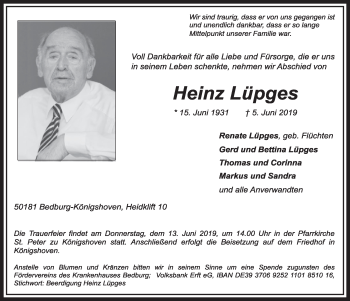 Anzeige von Heinz Lüpges von  Sonntags-Post 
