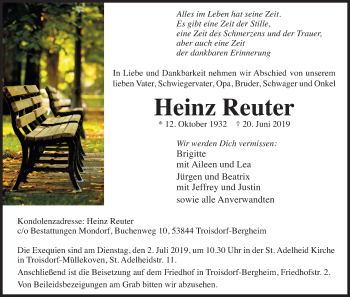 Anzeige von Heinz Reuter von Kölner Stadt-Anzeiger / Kölnische Rundschau / Express
