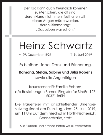 Anzeige von Heinz Schwartz von  Wochenende 