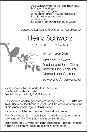Anzeige von Heinz Schwarz von  Schaufenster/Blickpunkt 